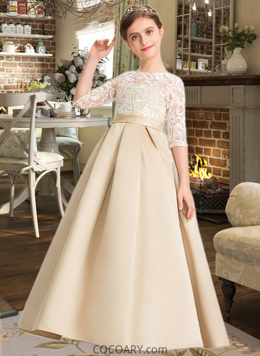 Charlie Ball-Gown/Princess Scoop Neck Floor-Length Satin Lace Junior Bridesmaid Dress DA8P0013498