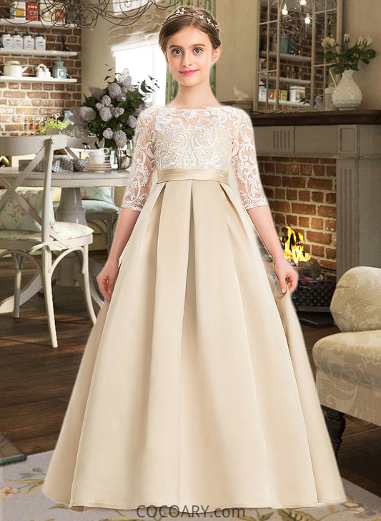 Charlie Ball-Gown/Princess Scoop Neck Floor-Length Satin Lace Junior Bridesmaid Dress DA8P0013498