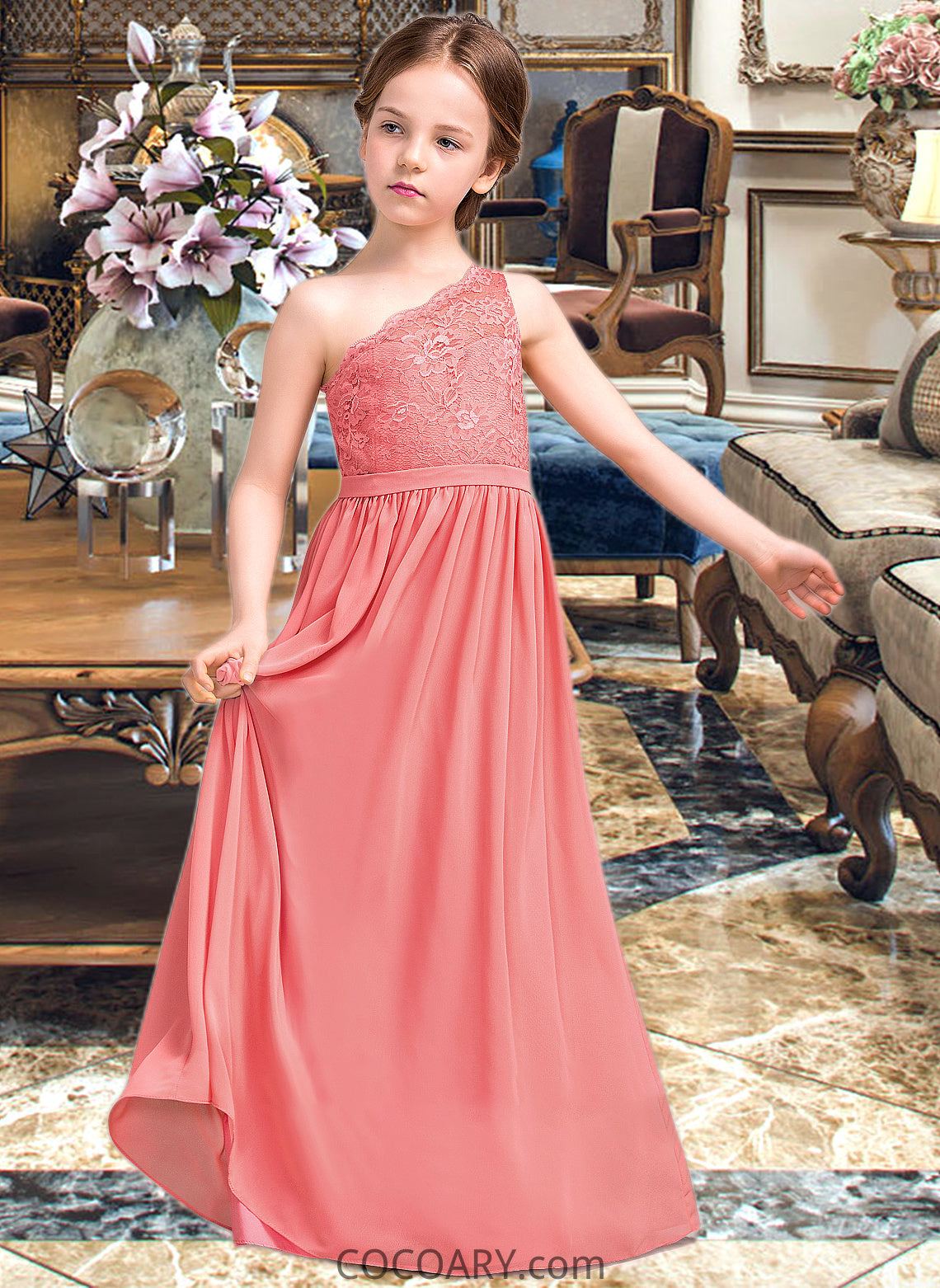 Taylor A-Line One-Shoulder Floor-Length Chiffon Lace Junior Bridesmaid Dress DA8P0013500