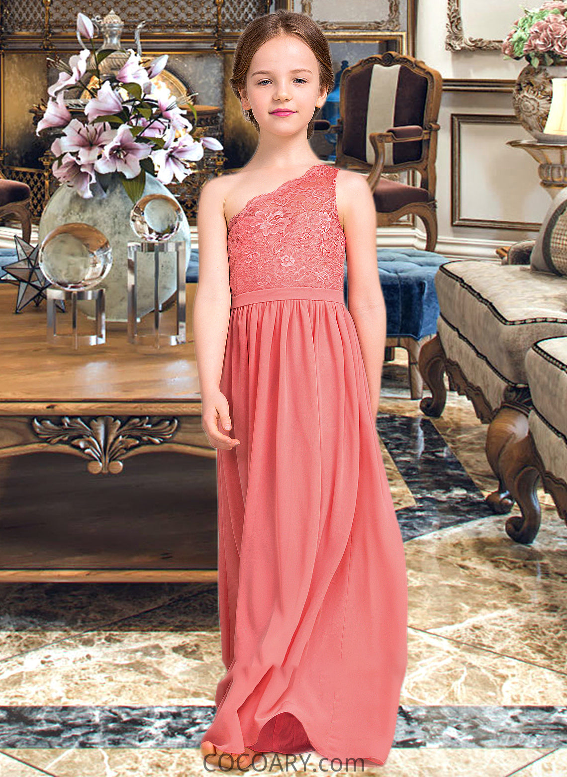 Taylor A-Line One-Shoulder Floor-Length Chiffon Lace Junior Bridesmaid Dress DA8P0013500