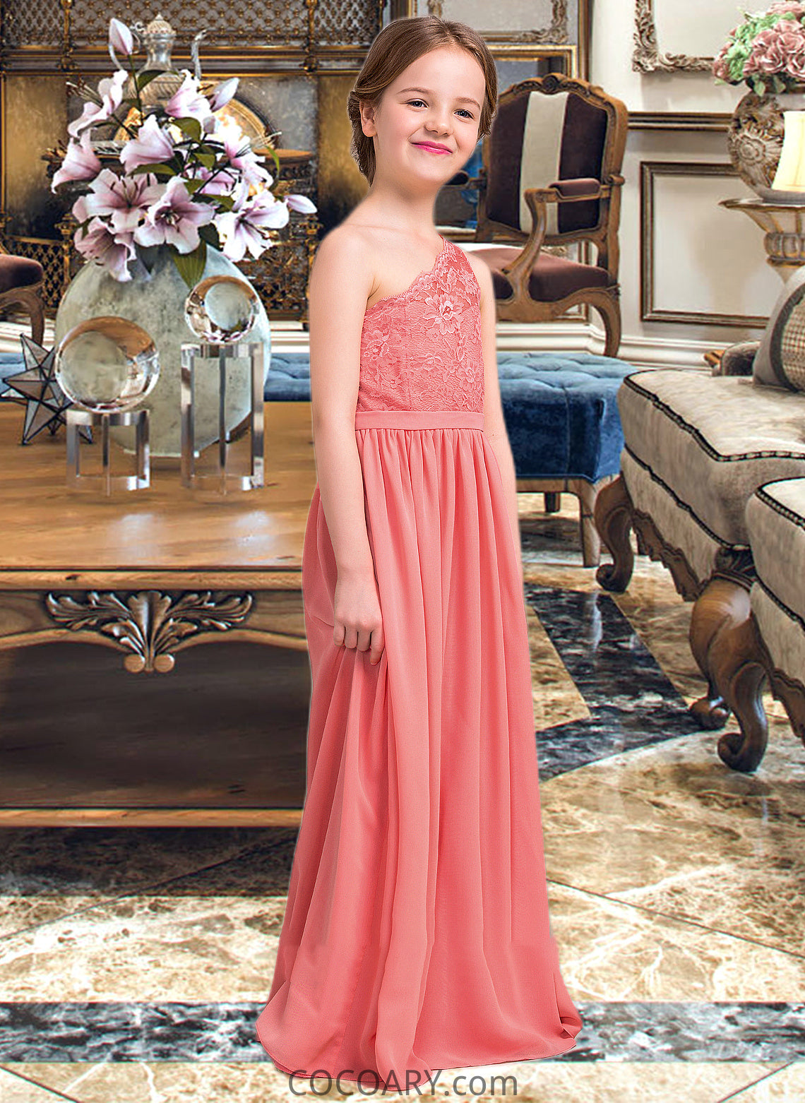 Taylor A-Line One-Shoulder Floor-Length Chiffon Lace Junior Bridesmaid Dress DA8P0013500