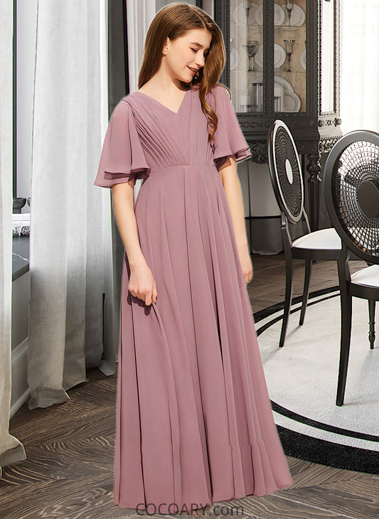 Madelynn A-Line V-neck Floor-Length Chiffon Junior Bridesmaid Dress With Ruffle DA8P0013510