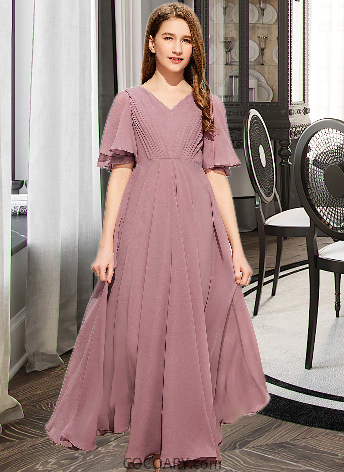 Madelynn A-Line V-neck Floor-Length Chiffon Junior Bridesmaid Dress With Ruffle DA8P0013510