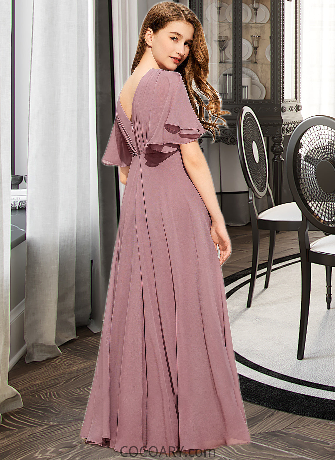 Madelynn A-Line V-neck Floor-Length Chiffon Junior Bridesmaid Dress With Ruffle DA8P0013510