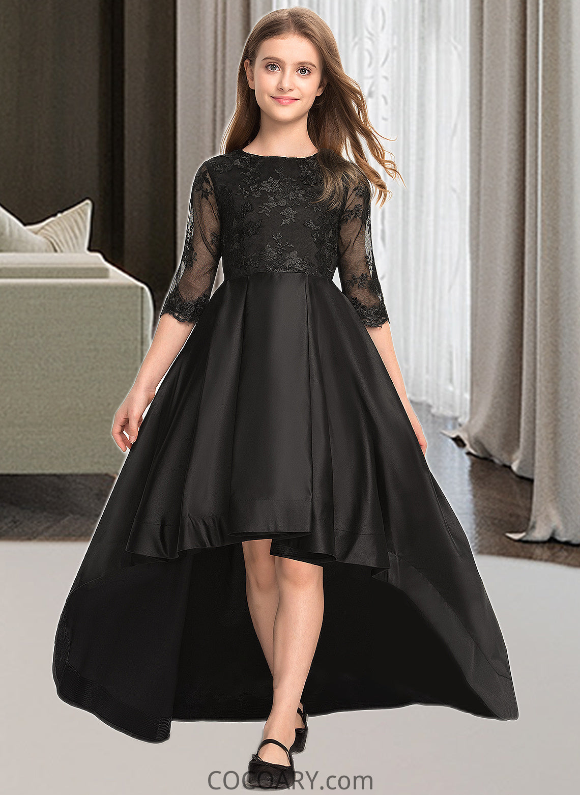 Camila A-Line Scoop Neck Asymmetrical Satin Lace Junior Bridesmaid Dress With Ruffle DA8P0013511