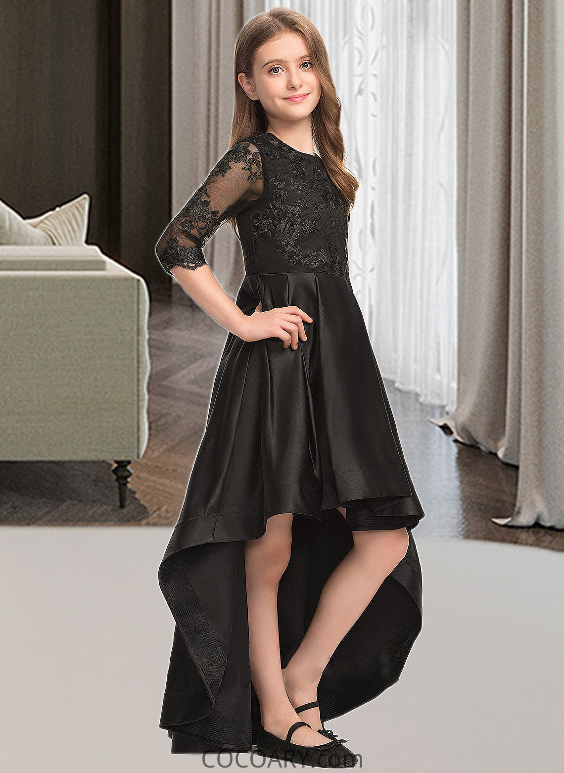 Camila A-Line Scoop Neck Asymmetrical Satin Lace Junior Bridesmaid Dress With Ruffle DA8P0013511