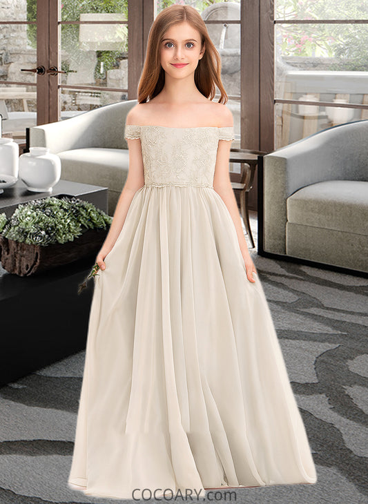 Sally A-Line Off-the-Shoulder Floor-Length Chiffon Lace Junior Bridesmaid Dress DA8P0013514