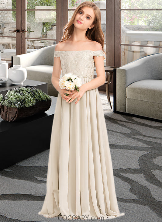 Sally A-Line Off-the-Shoulder Floor-Length Chiffon Lace Junior Bridesmaid Dress DA8P0013514