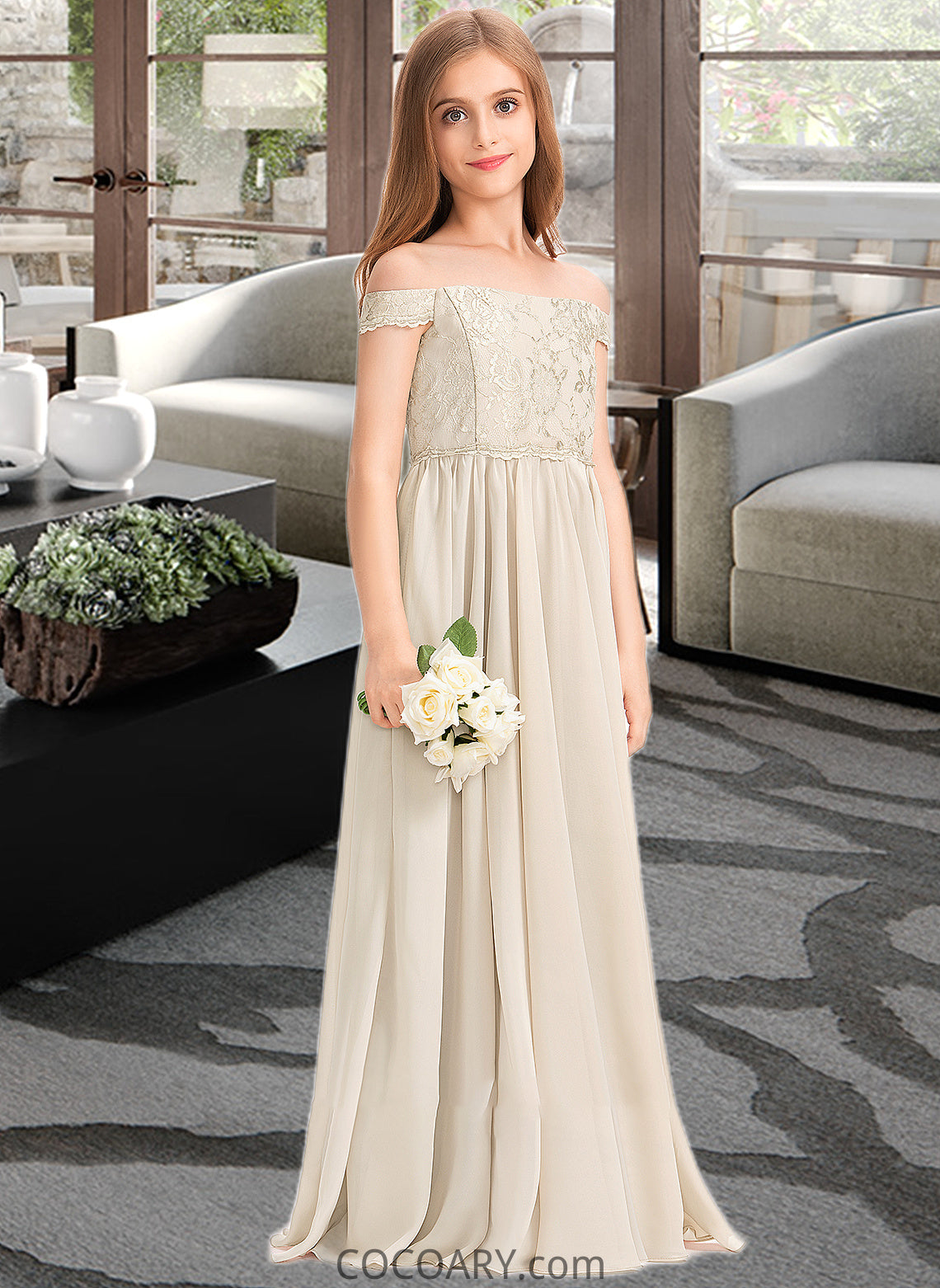 Sally A-Line Off-the-Shoulder Floor-Length Chiffon Lace Junior Bridesmaid Dress DA8P0013514