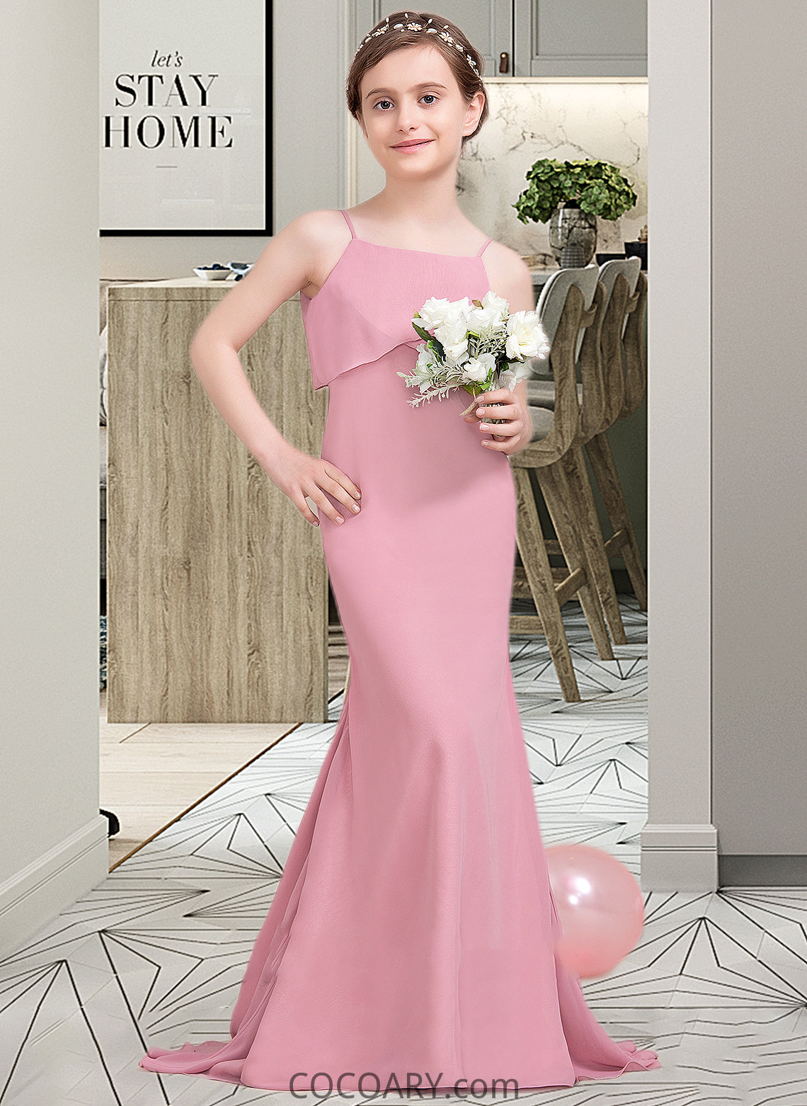 Kirsten Trumpet/Mermaid Square Neckline Sweep Train Chiffon Junior Bridesmaid Dress With Cascading Ruffles DA8P0013518