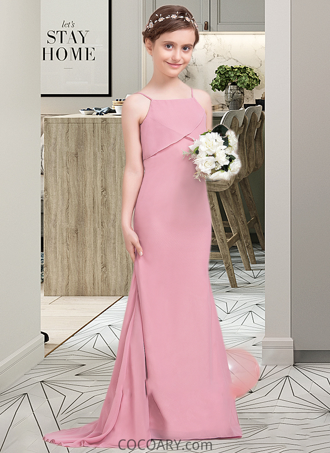 Kirsten Trumpet/Mermaid Square Neckline Sweep Train Chiffon Junior Bridesmaid Dress With Cascading Ruffles DA8P0013518