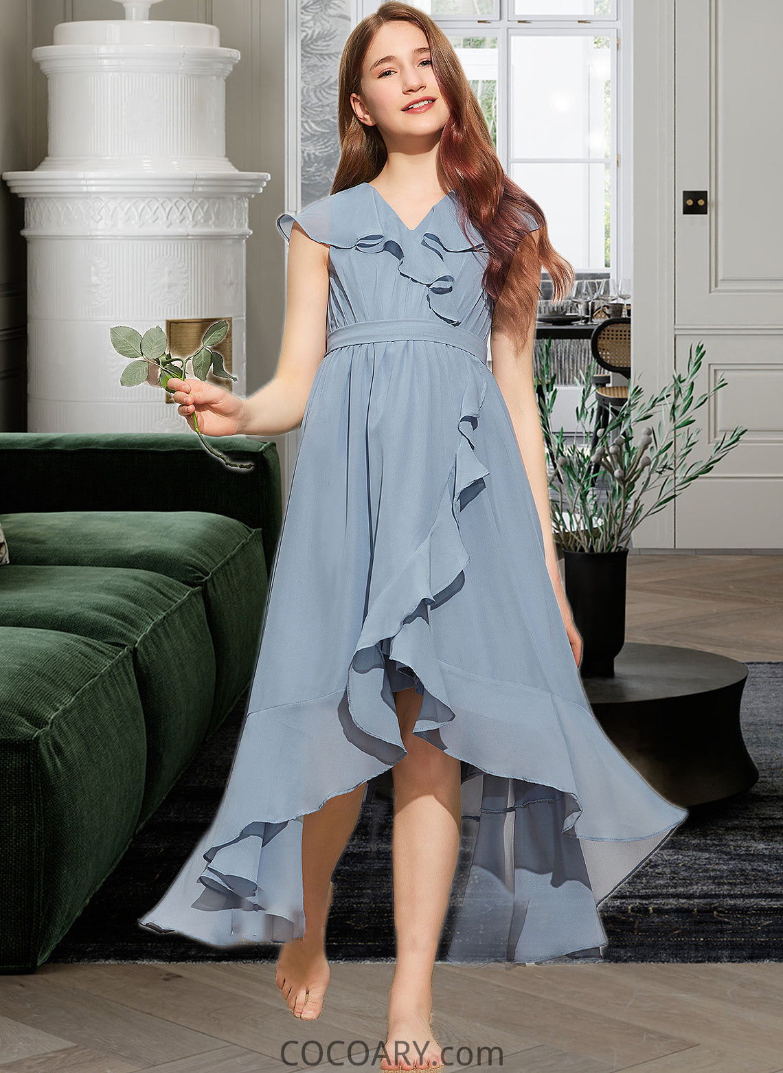 Shyanne A-Line V-neck Asymmetrical Chiffon Junior Bridesmaid Dress With Bow(s) Cascading Ruffles DA8P0013522