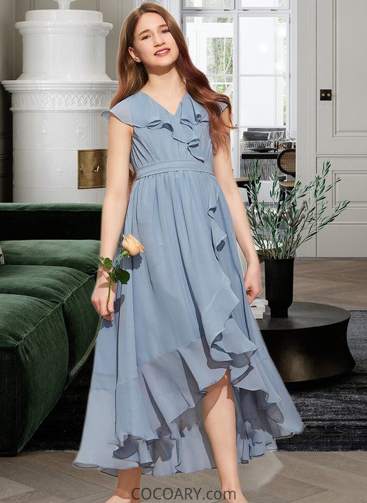 Shyanne A-Line V-neck Asymmetrical Chiffon Junior Bridesmaid Dress With Bow(s) Cascading Ruffles DA8P0013522