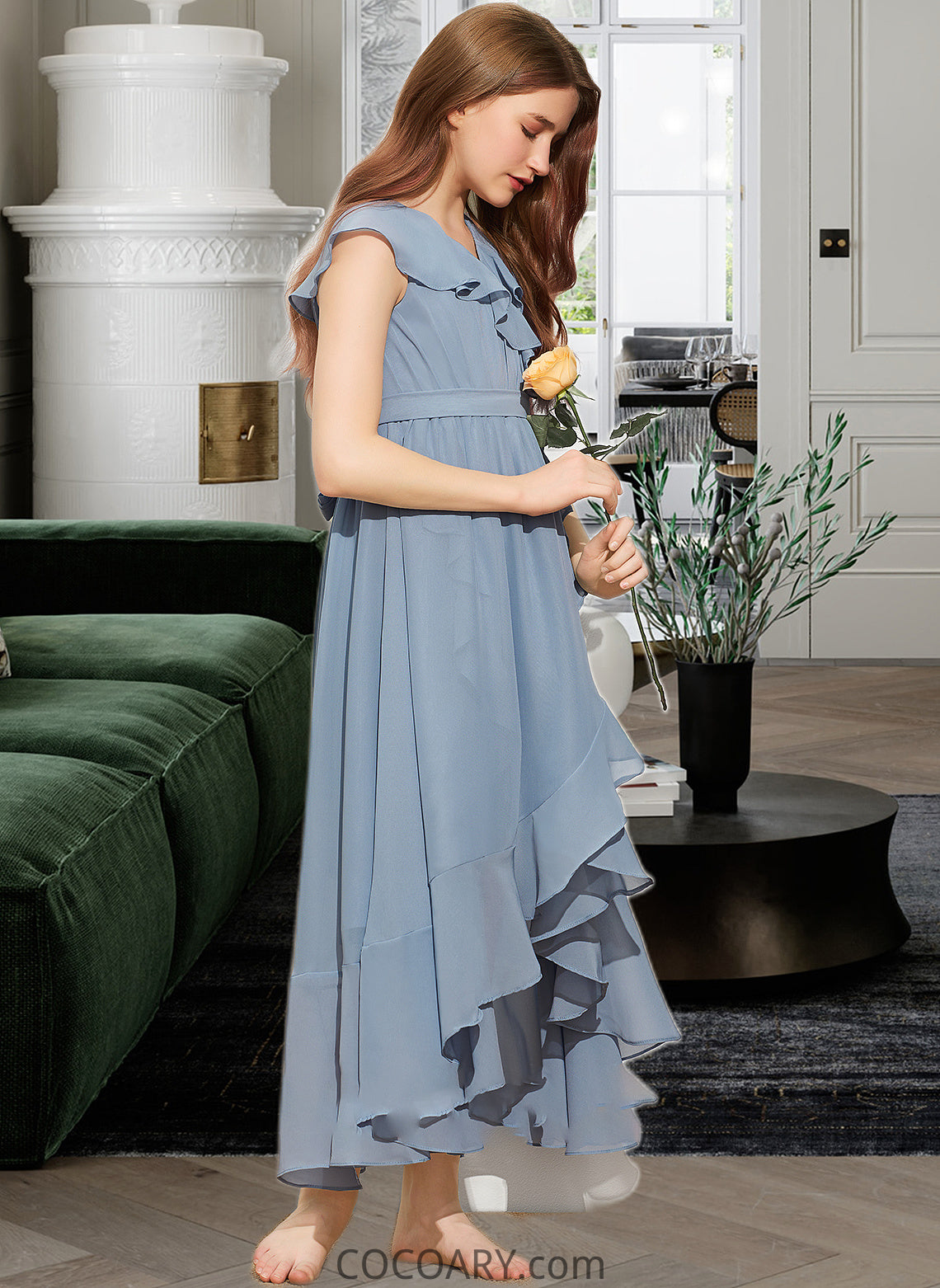 Shyanne A-Line V-neck Asymmetrical Chiffon Junior Bridesmaid Dress With Bow(s) Cascading Ruffles DA8P0013522