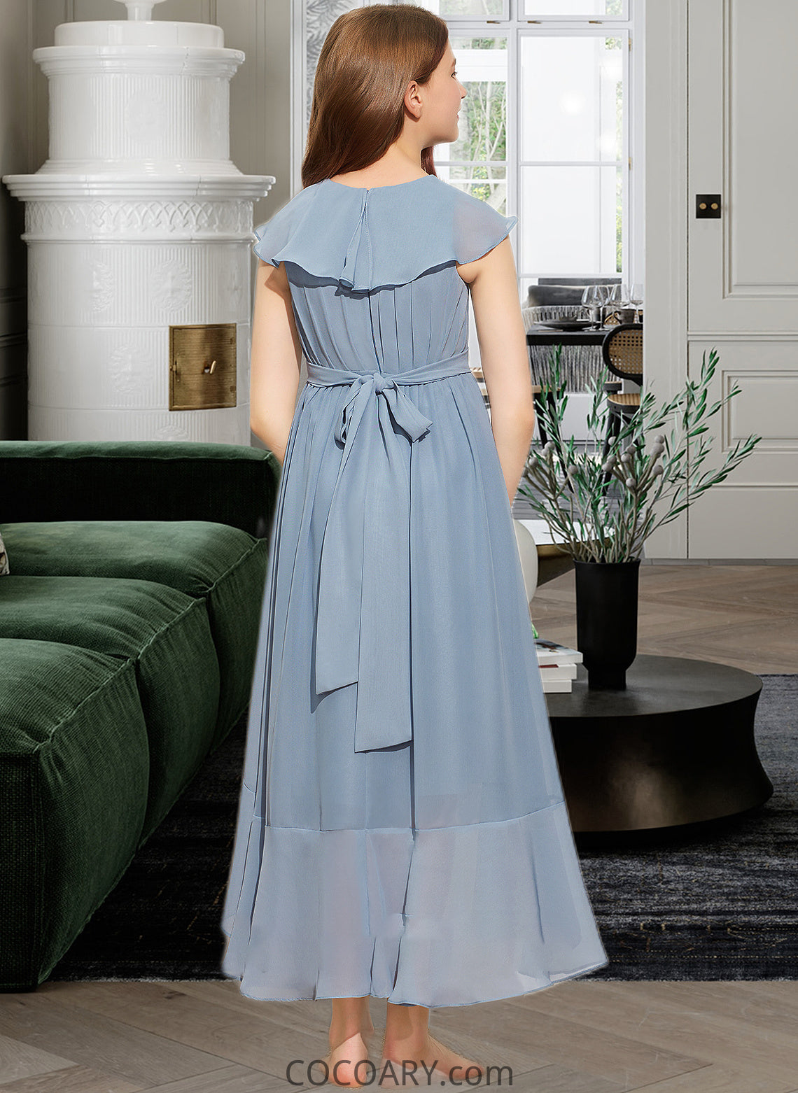 Shyanne A-Line V-neck Asymmetrical Chiffon Junior Bridesmaid Dress With Bow(s) Cascading Ruffles DA8P0013522