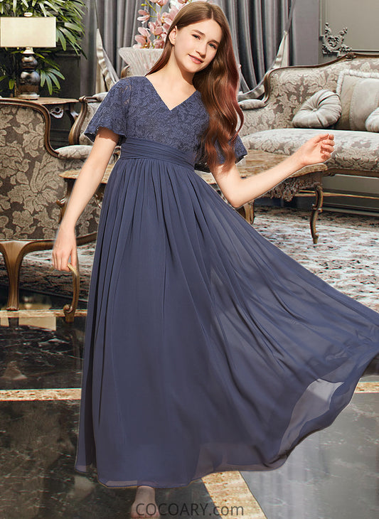 Precious A-Line V-neck Floor-Length Chiffon Lace Junior Bridesmaid Dress With Bow(s) DA8P0013523