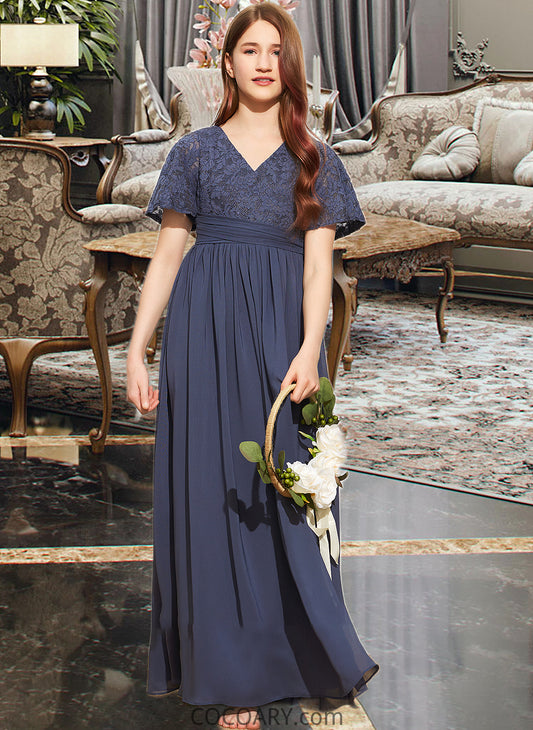 Precious A-Line V-neck Floor-Length Chiffon Lace Junior Bridesmaid Dress With Bow(s) DA8P0013523