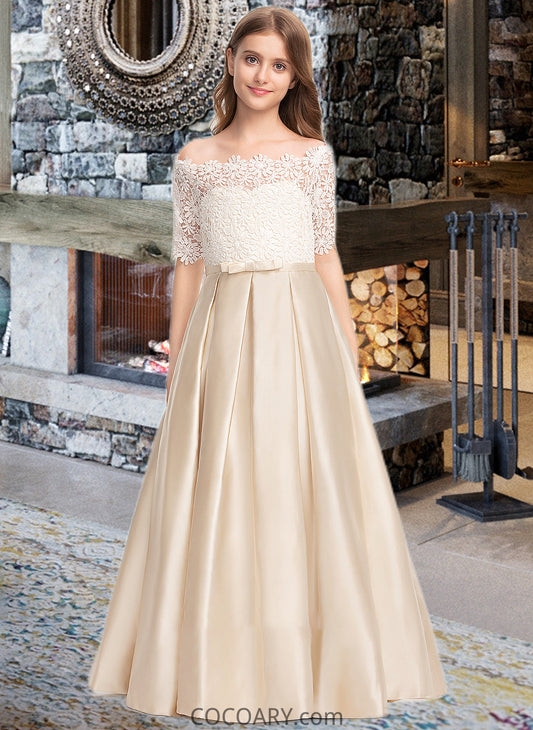 Urania Ball-Gown/Princess Off-the-Shoulder Floor-Length Satin Lace Junior Bridesmaid Dress With Bow(s) Pockets DA8P0013530