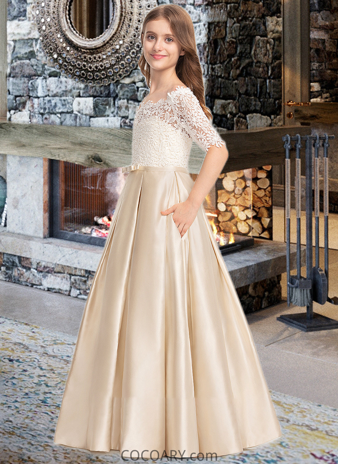 Urania Ball-Gown/Princess Off-the-Shoulder Floor-Length Satin Lace Junior Bridesmaid Dress With Bow(s) Pockets DA8P0013530