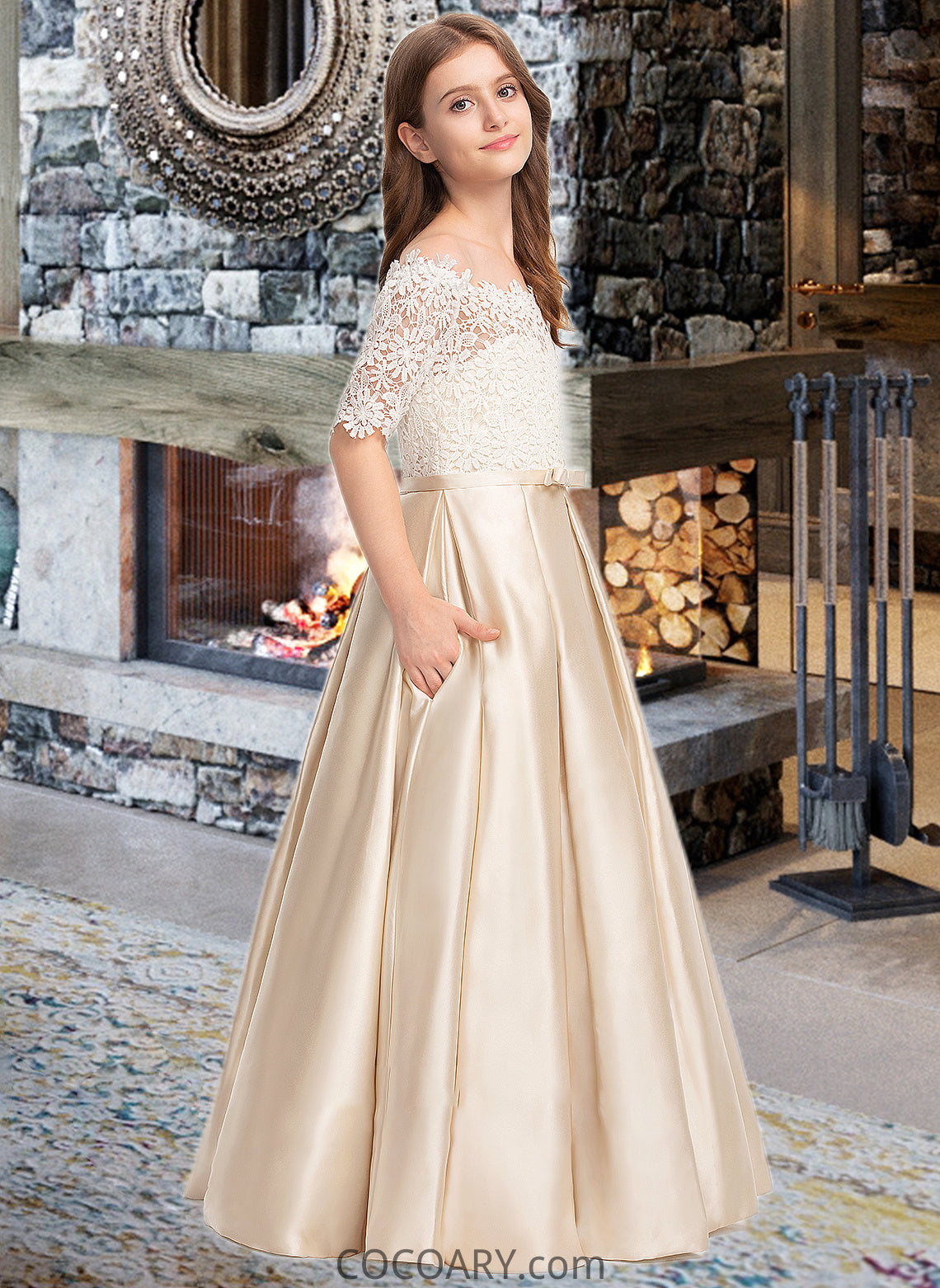 Urania Ball-Gown/Princess Off-the-Shoulder Floor-Length Satin Lace Junior Bridesmaid Dress With Bow(s) Pockets DA8P0013530