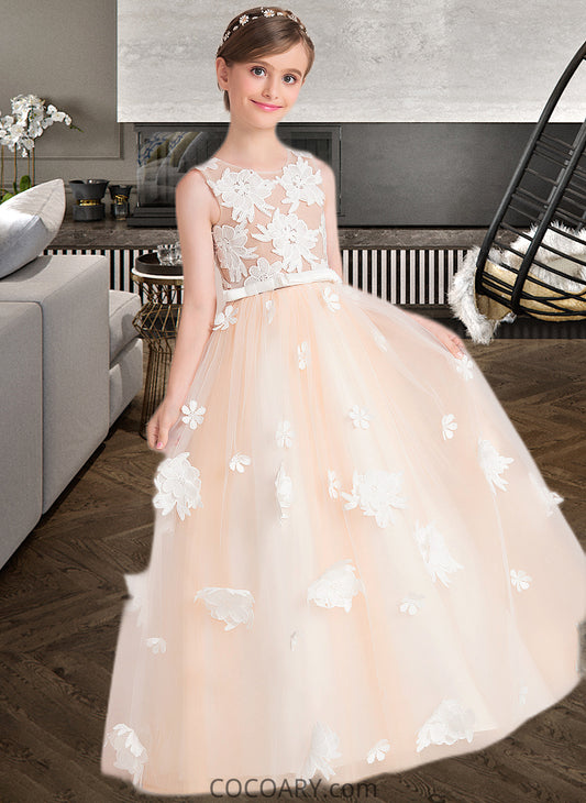 Elaina Ball-Gown/Princess Scoop Neck Floor-Length Tulle Junior Bridesmaid Dress With Flower(s) Bow(s) DA8P0013534