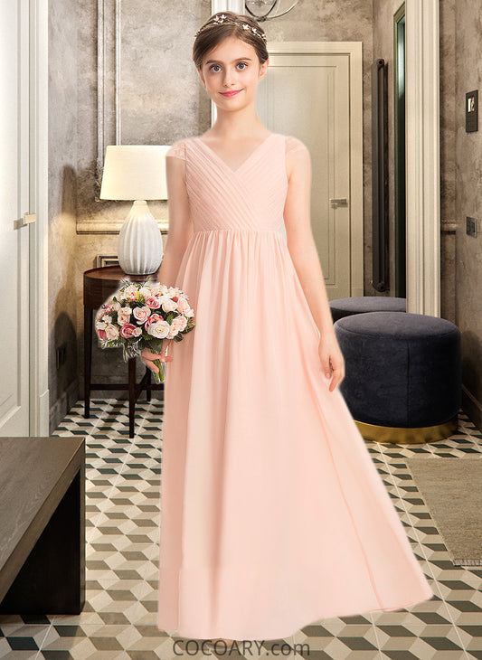 Jordan A-Line V-neck Floor-Length Chiffon Lace Junior Bridesmaid Dress With Ruffle DA8P0013540