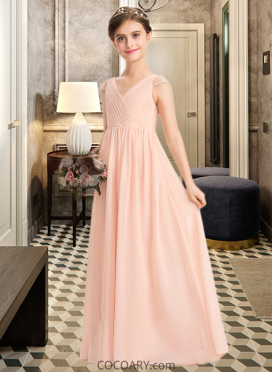 Jordan A-Line V-neck Floor-Length Chiffon Lace Junior Bridesmaid Dress With Ruffle DA8P0013540