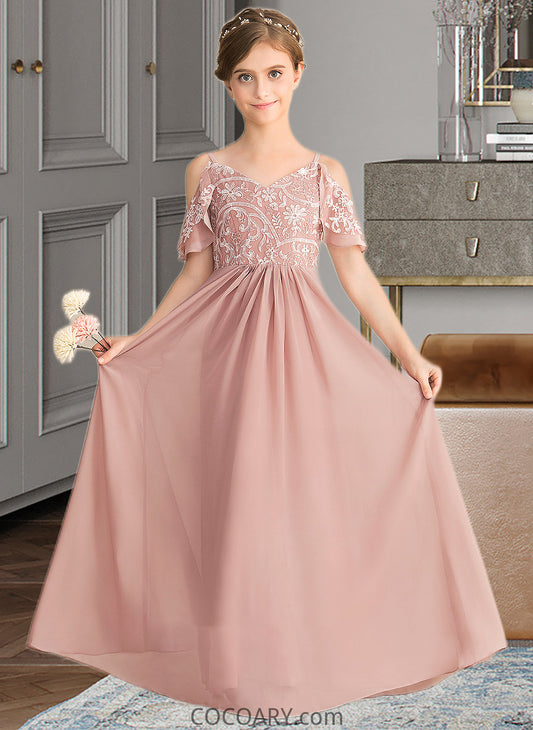 Izabella A-Line V-neck Floor-Length Chiffon Lace Junior Bridesmaid Dress DA8P0013541