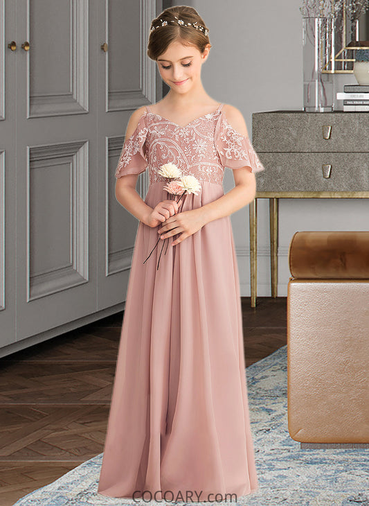 Izabella A-Line V-neck Floor-Length Chiffon Lace Junior Bridesmaid Dress DA8P0013541