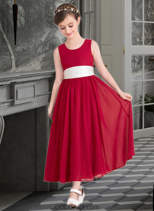 Marian Empire A-Line Scoop Neck Ankle-Length Chiffon Junior Bridesmaid Dress With Sash Bow(s) DA8P0013542