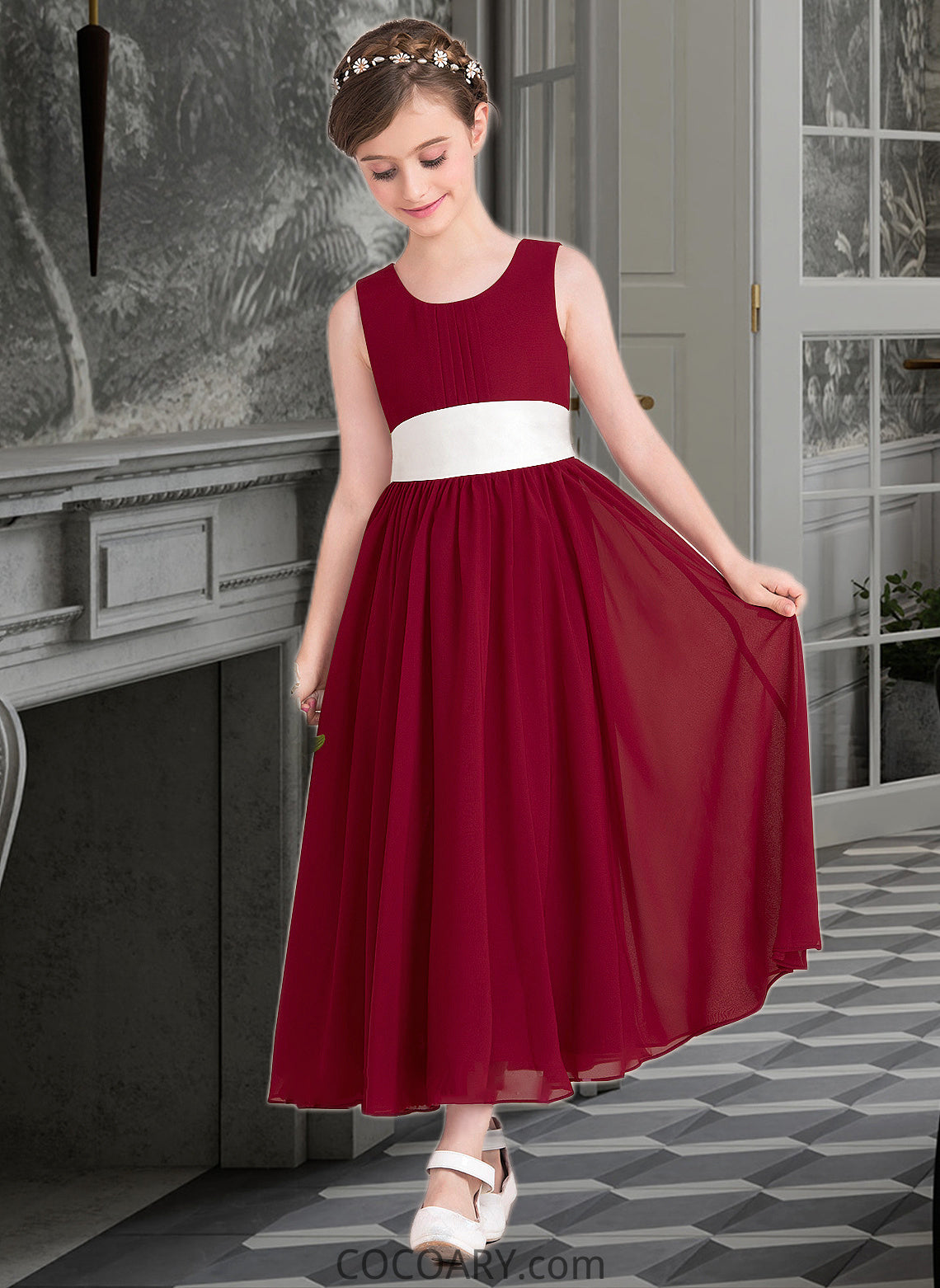 Marian Empire A-Line Scoop Neck Ankle-Length Chiffon Junior Bridesmaid Dress With Sash Bow(s) DA8P0013542