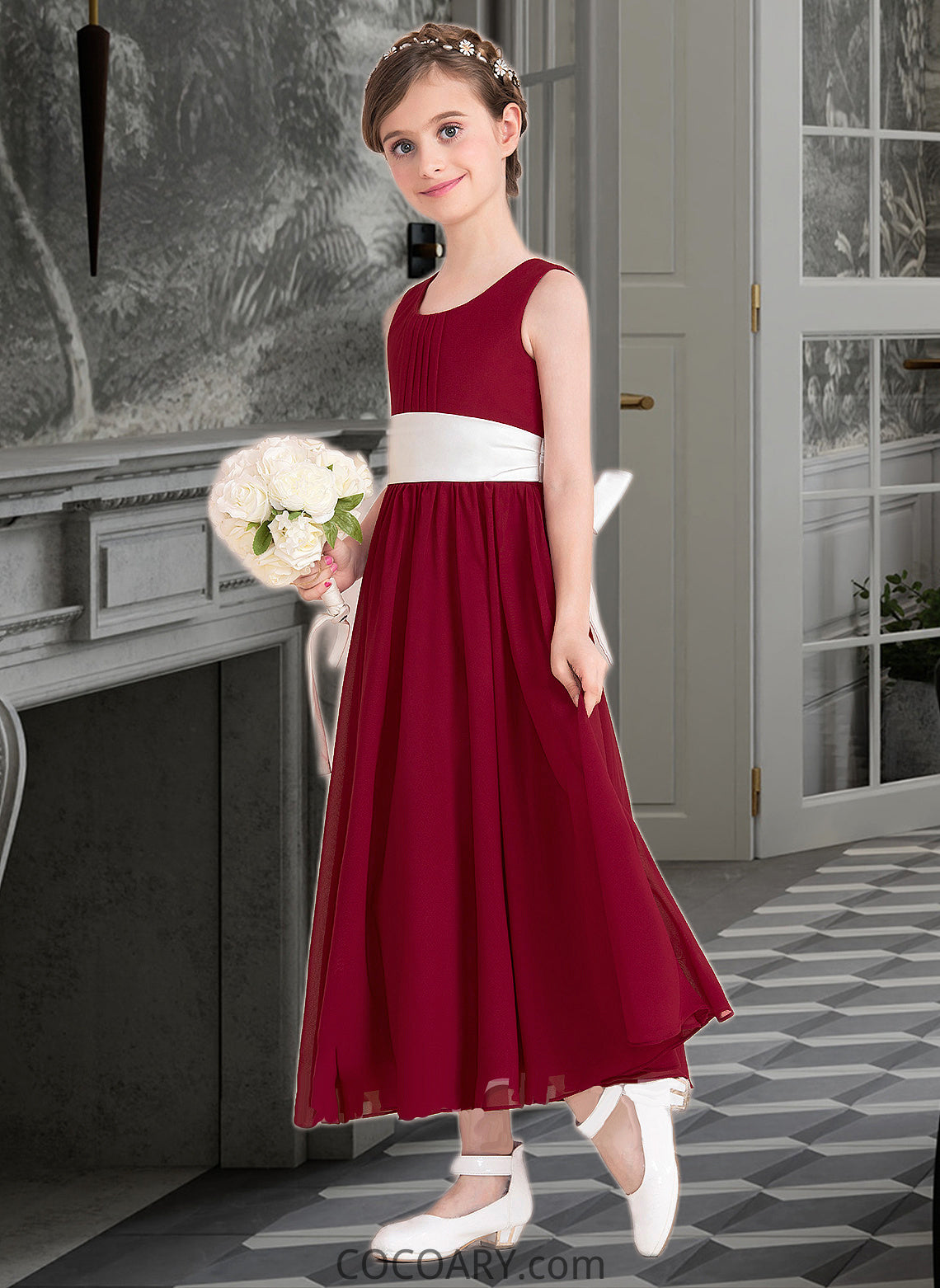 Marian Empire A-Line Scoop Neck Ankle-Length Chiffon Junior Bridesmaid Dress With Sash Bow(s) DA8P0013542