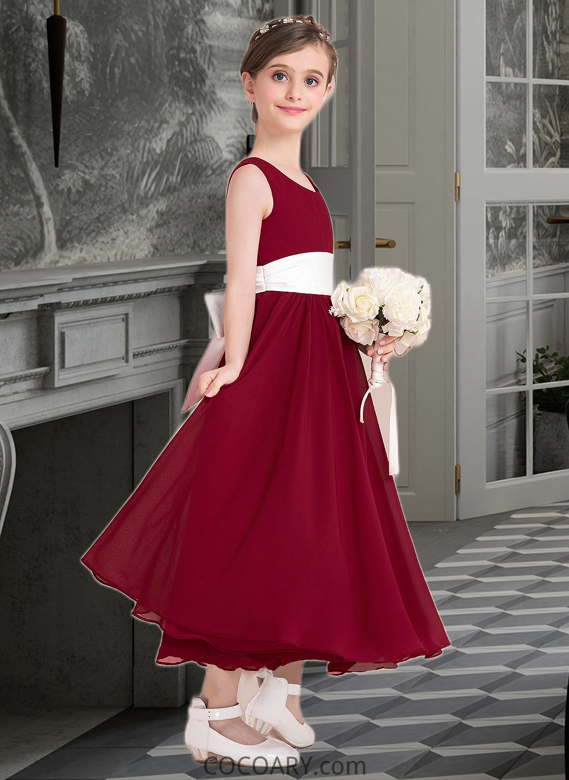 Marian Empire A-Line Scoop Neck Ankle-Length Chiffon Junior Bridesmaid Dress With Sash Bow(s) DA8P0013542