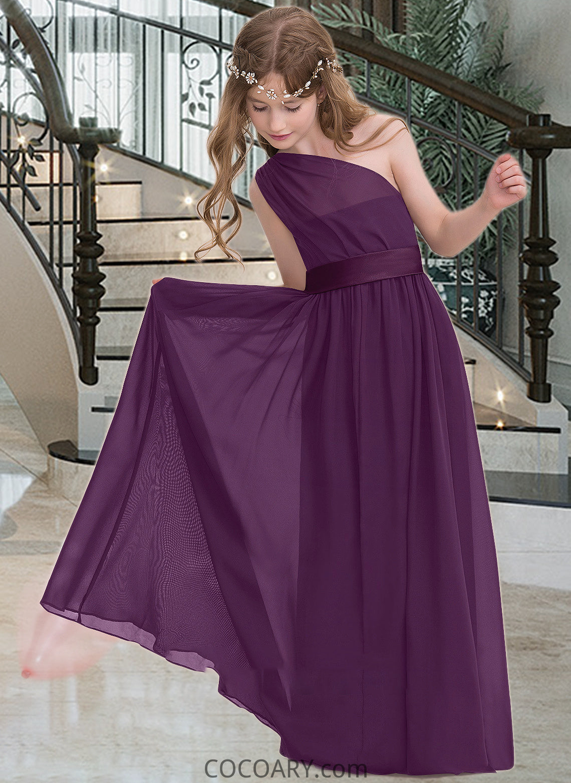 Kaylen A-Line One-Shoulder Floor-Length Chiffon Junior Bridesmaid Dress With Ruffle DA8P0013544