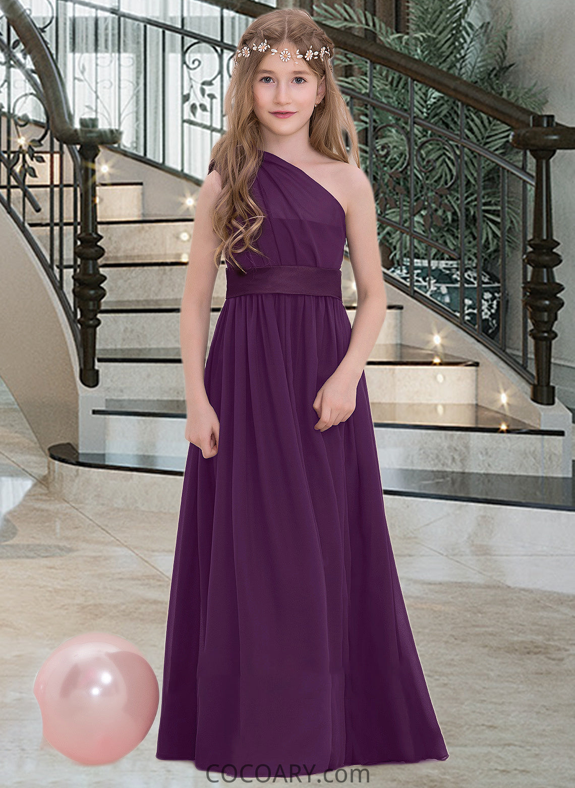 Kaylen A-Line One-Shoulder Floor-Length Chiffon Junior Bridesmaid Dress With Ruffle DA8P0013544