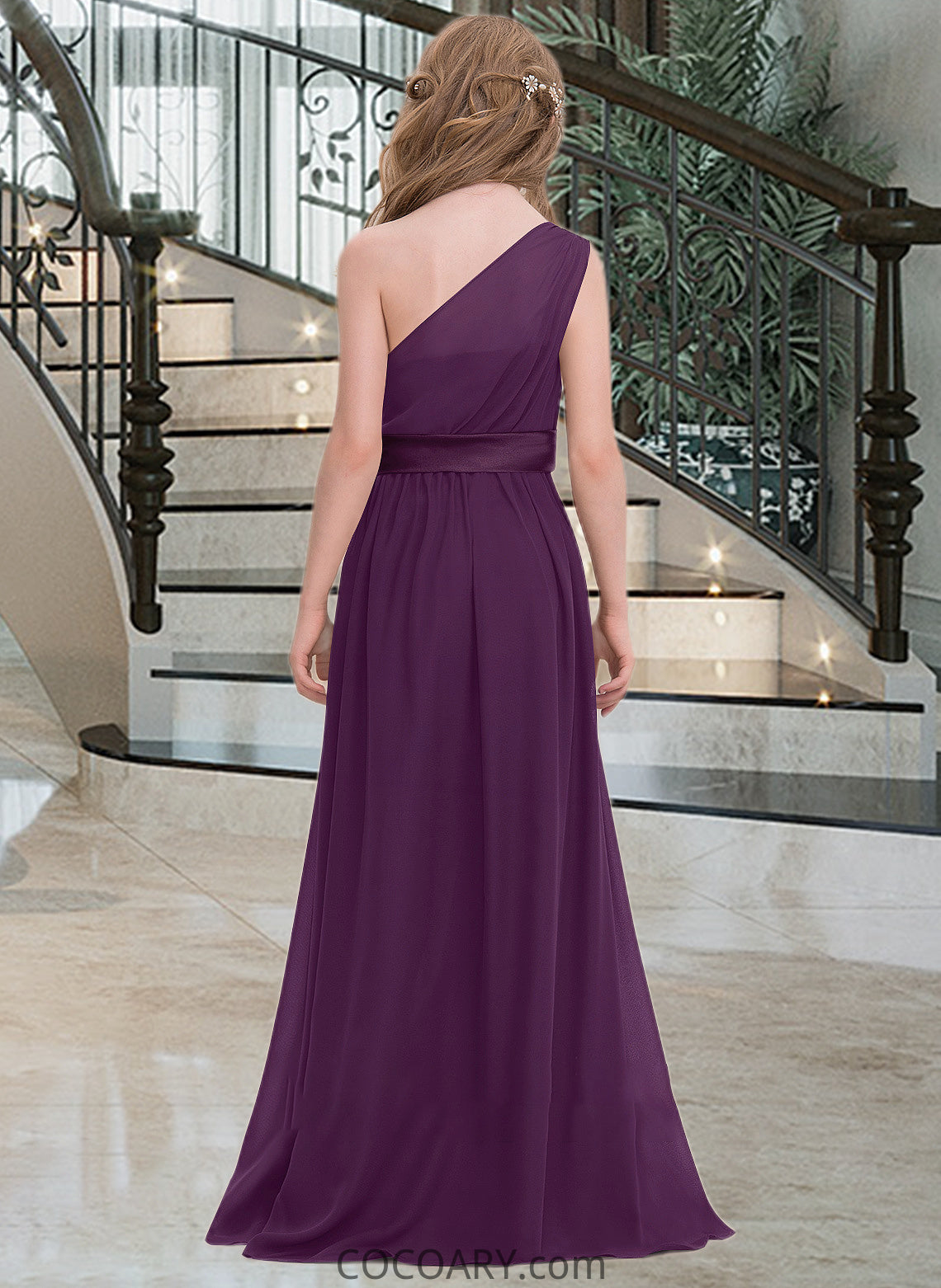 Kaylen A-Line One-Shoulder Floor-Length Chiffon Junior Bridesmaid Dress With Ruffle DA8P0013544