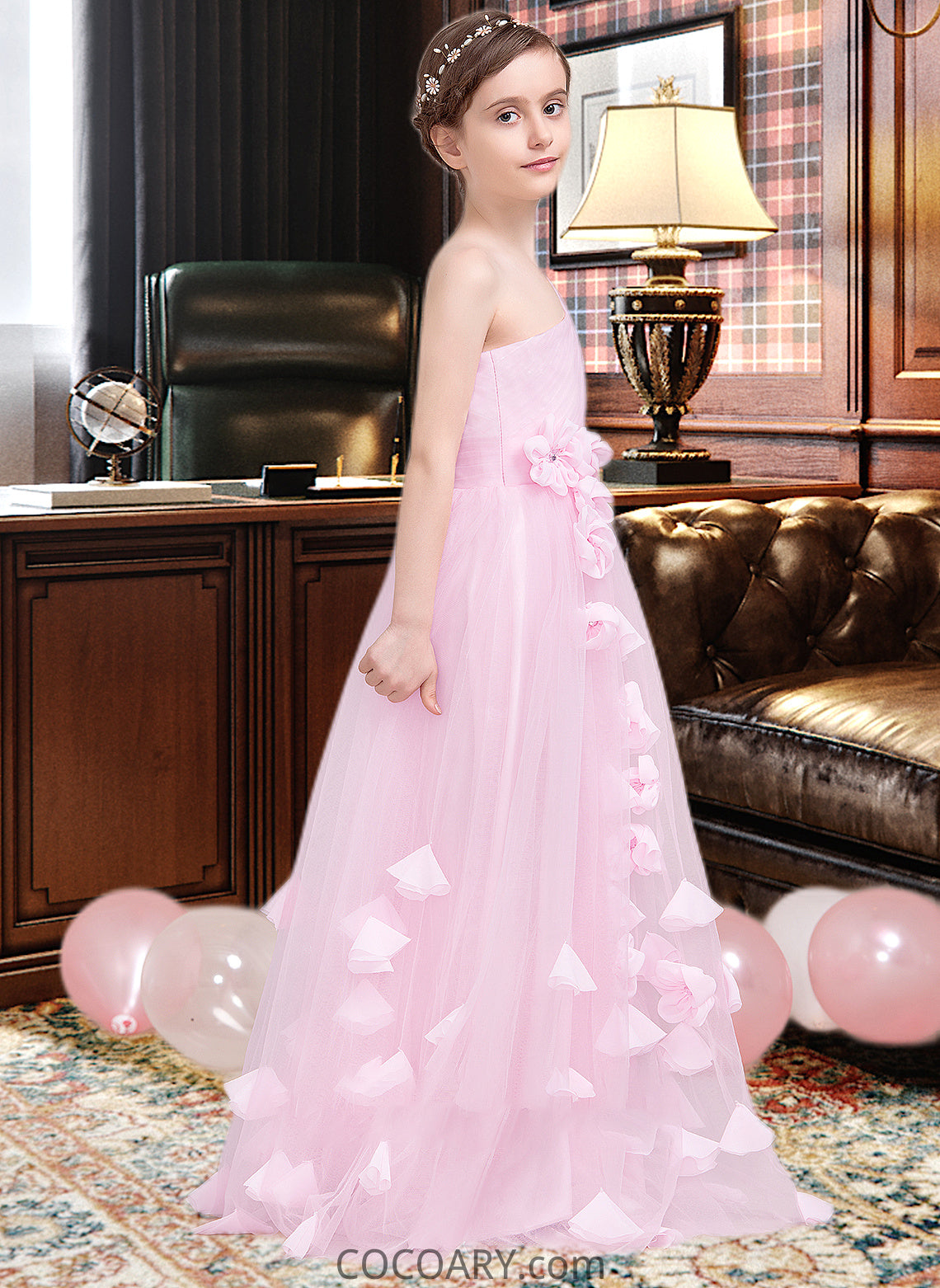 Katie A-Line One-Shoulder Floor-Length Tulle Junior Bridesmaid Dress With Ruffle Flower(s) DA8P0013546