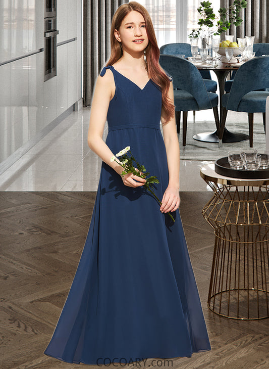 Mckinley A-Line V-neck Floor-Length Chiffon Junior Bridesmaid Dress With Bow(s) DA8P0013548