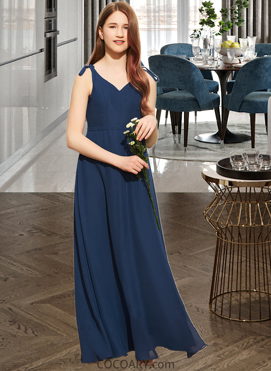 Mckinley A-Line V-neck Floor-Length Chiffon Junior Bridesmaid Dress With Bow(s) DA8P0013548