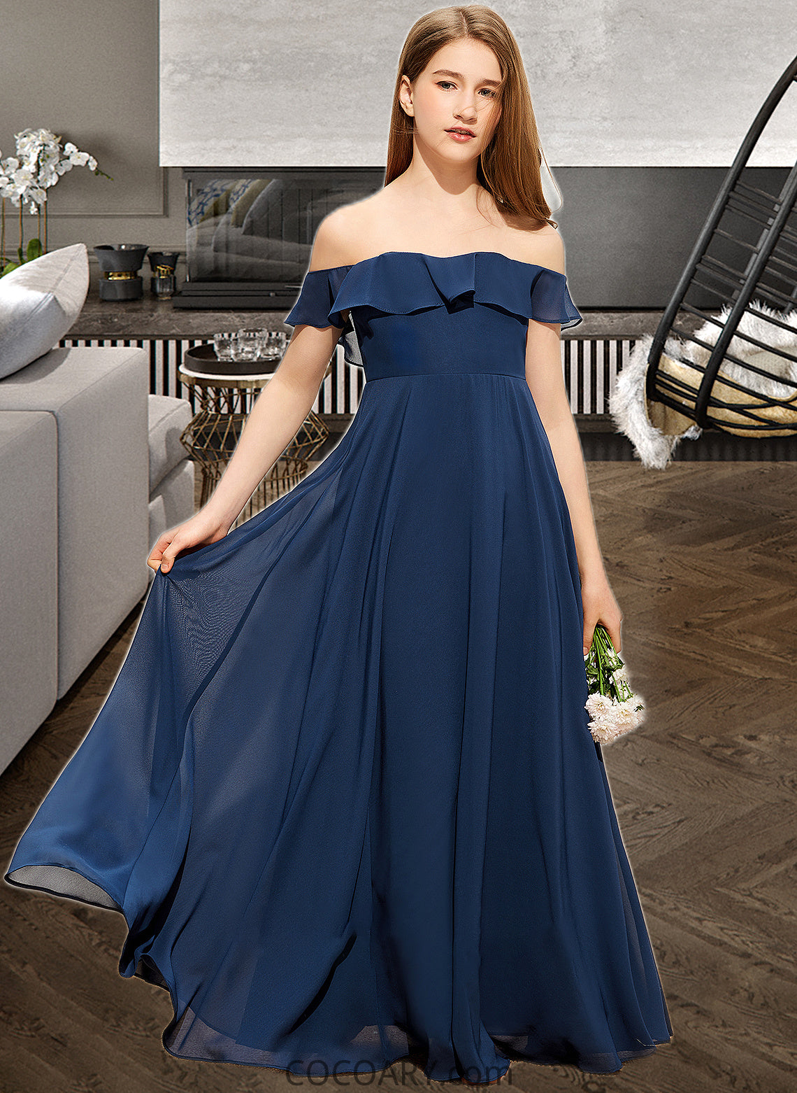 Yvonne A-Line Off-the-Shoulder Floor-Length Chiffon Junior Bridesmaid Dress DA8P0013551