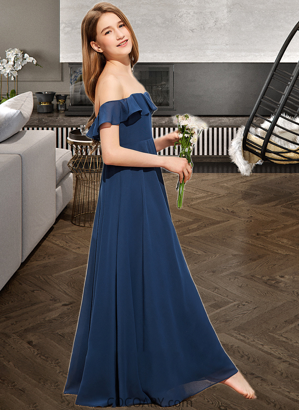 Yvonne A-Line Off-the-Shoulder Floor-Length Chiffon Junior Bridesmaid Dress DA8P0013551