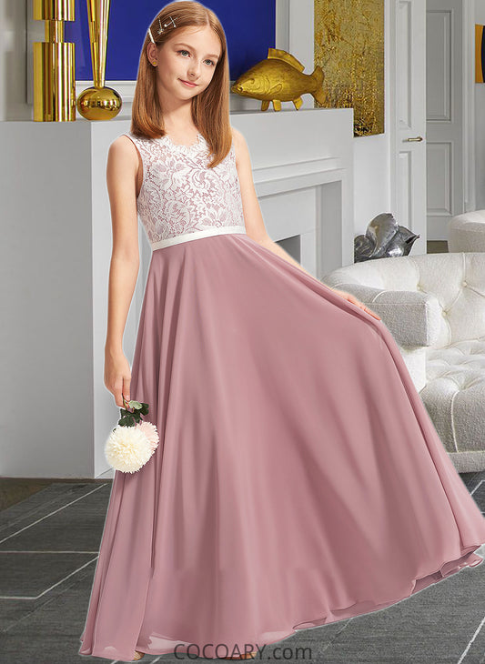 Jackie A-Line V-neck Floor-Length Chiffon Lace Junior Bridesmaid Dress DA8P0013552