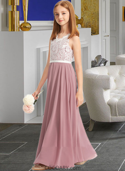 Jackie A-Line V-neck Floor-Length Chiffon Lace Junior Bridesmaid Dress DA8P0013552