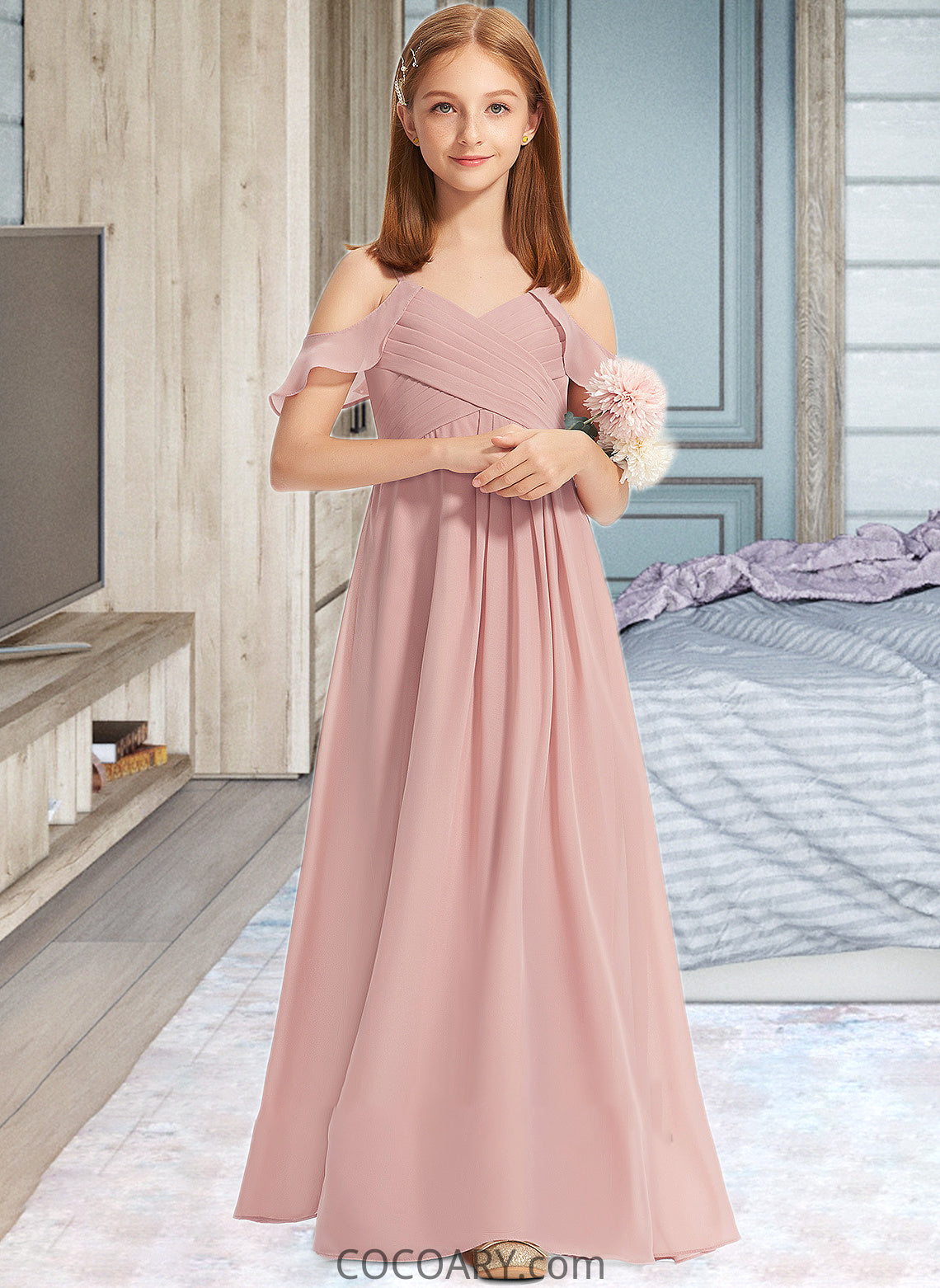 Taryn A-Line Off-the-Shoulder Floor-Length Chiffon Junior Bridesmaid Dress With Cascading Ruffles DA8P0013553