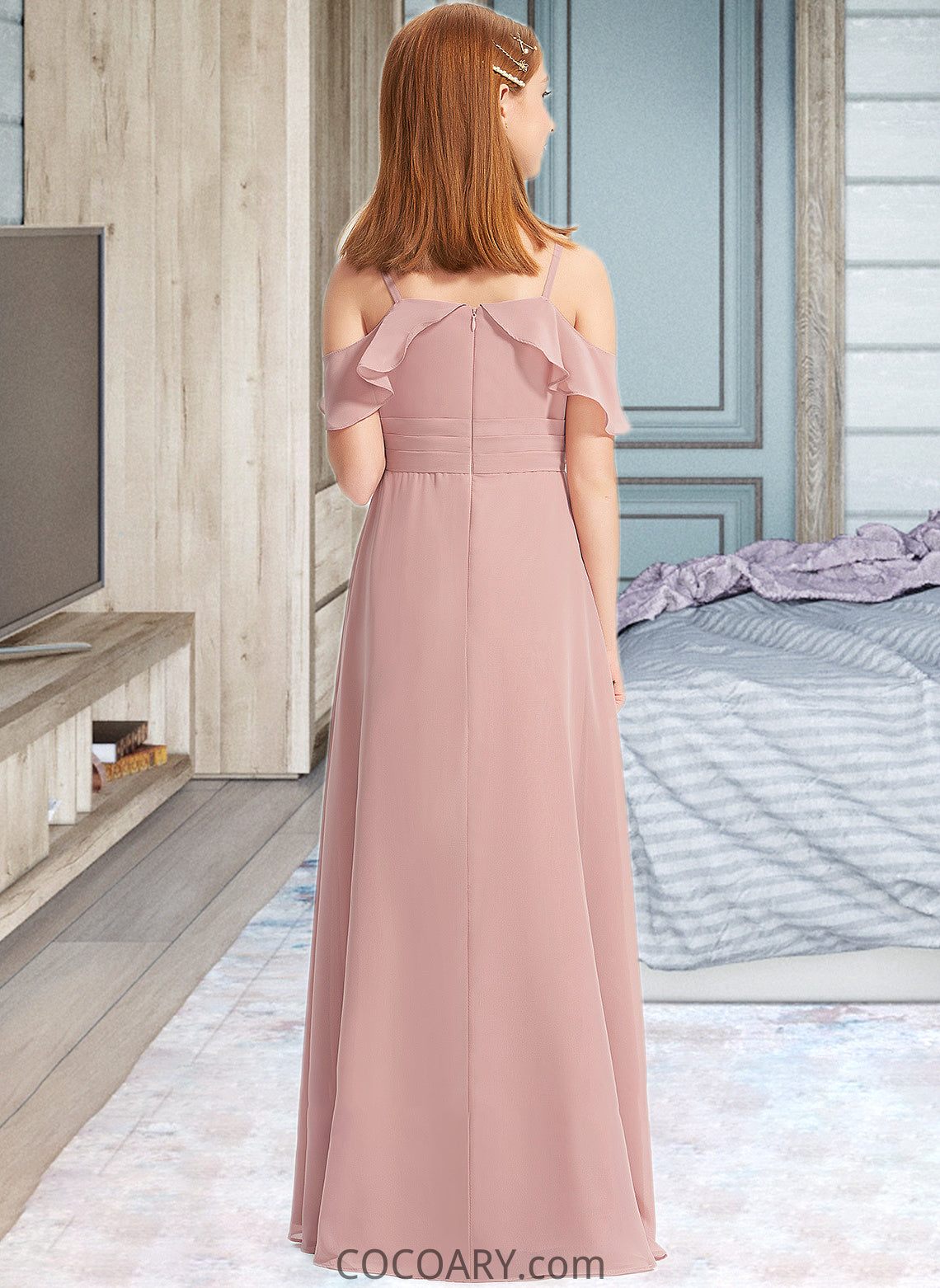 Taryn A-Line Off-the-Shoulder Floor-Length Chiffon Junior Bridesmaid Dress With Cascading Ruffles DA8P0013553