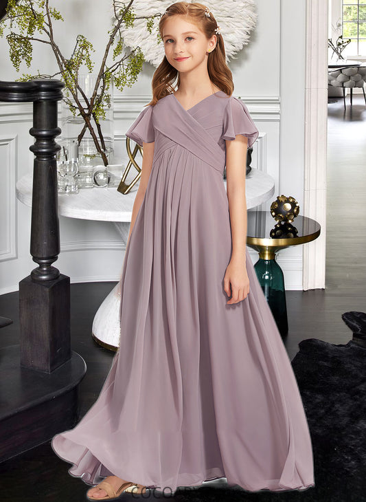 Victoria A-Line V-neck Floor-Length Chiffon Junior Bridesmaid Dress With Ruffle DA8P0013554