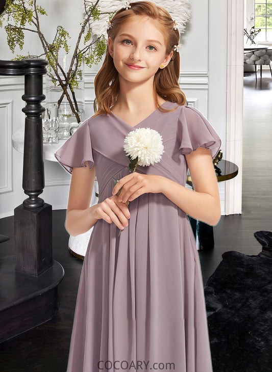 Victoria A-Line V-neck Floor-Length Chiffon Junior Bridesmaid Dress With Ruffle DA8P0013554