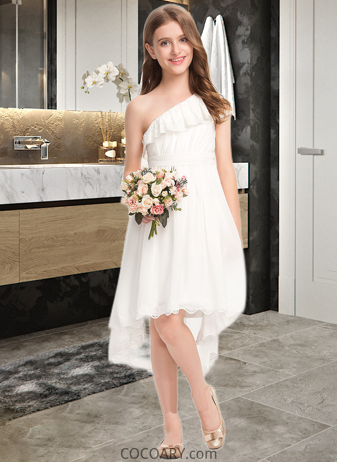 Jessie A-Line One-Shoulder Asymmetrical Chiffon Lace Junior Bridesmaid Dress With Bow(s) DA8P0013557