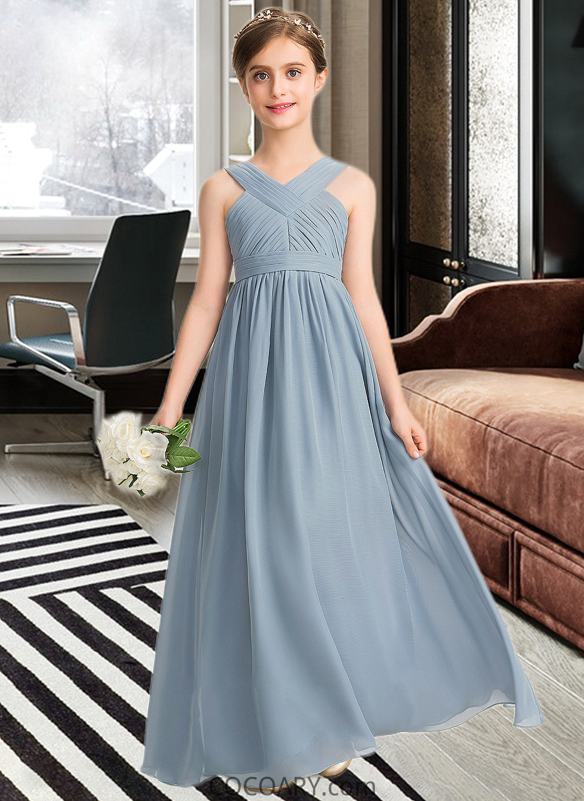 Rory A-Line V-neck Floor-Length Chiffon Junior Bridesmaid Dress With Ruffle DA8P0013561