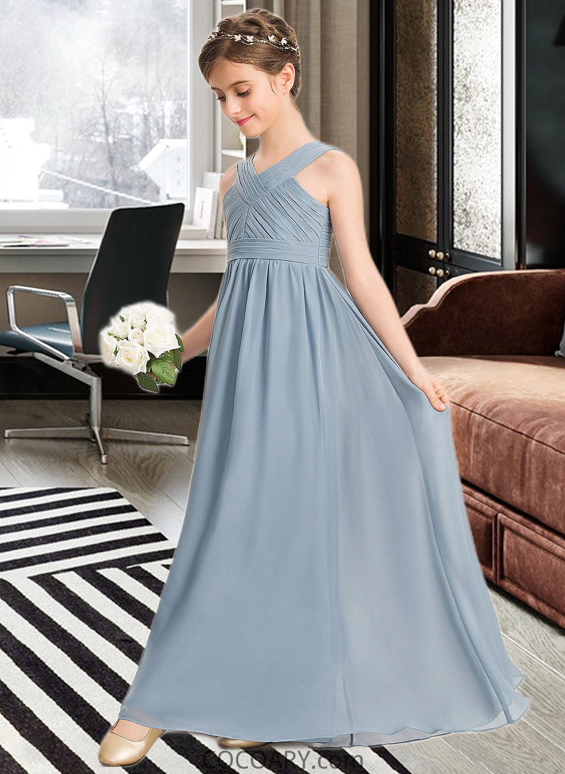 Rory A-Line V-neck Floor-Length Chiffon Junior Bridesmaid Dress With Ruffle DA8P0013561